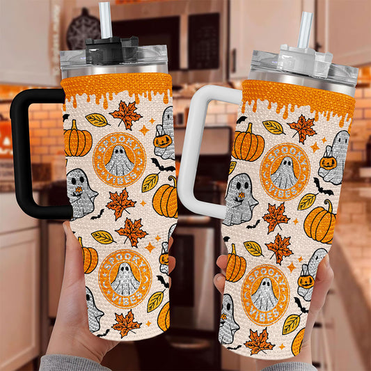 Ghost 40Oz Rhinestone Tumbler, Ghost Coffee, Spooky Vibes Tumbler, Halloween Gift QFTO4140804