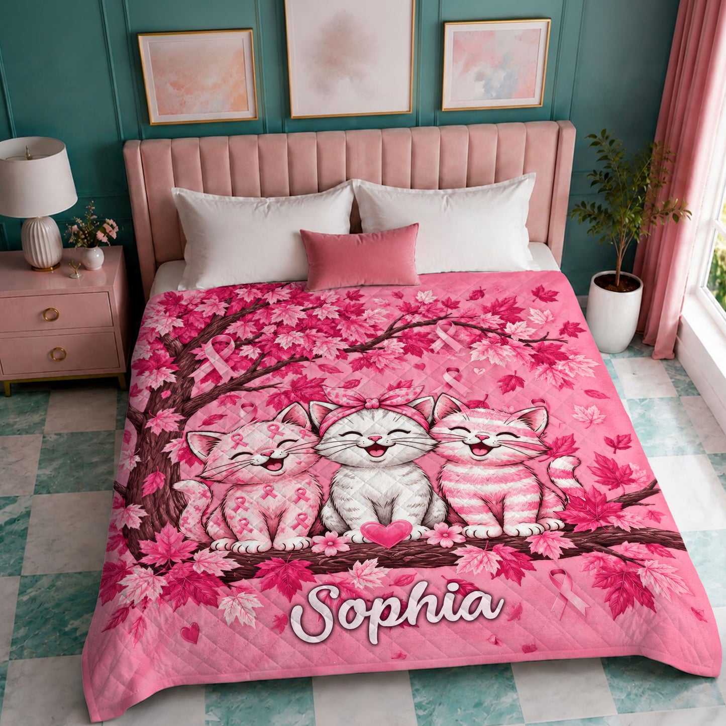 Personalized Breast Cancer Awareness Quilted Blanket UKTD6050803