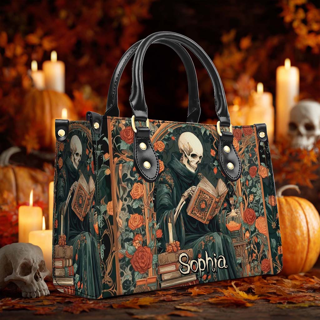 Personalized Gothic Skeleton Reading Book PU Leather Handbag QFHM5110901