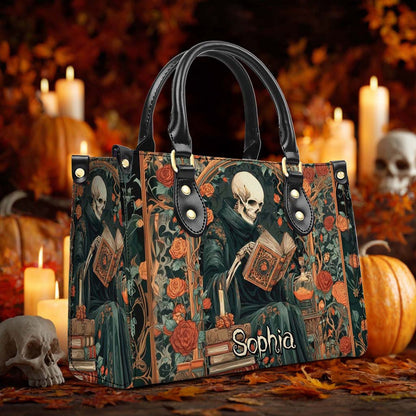 Personalized Gothic Skeleton Reading Book PU Leather Handbag QFHM5110901