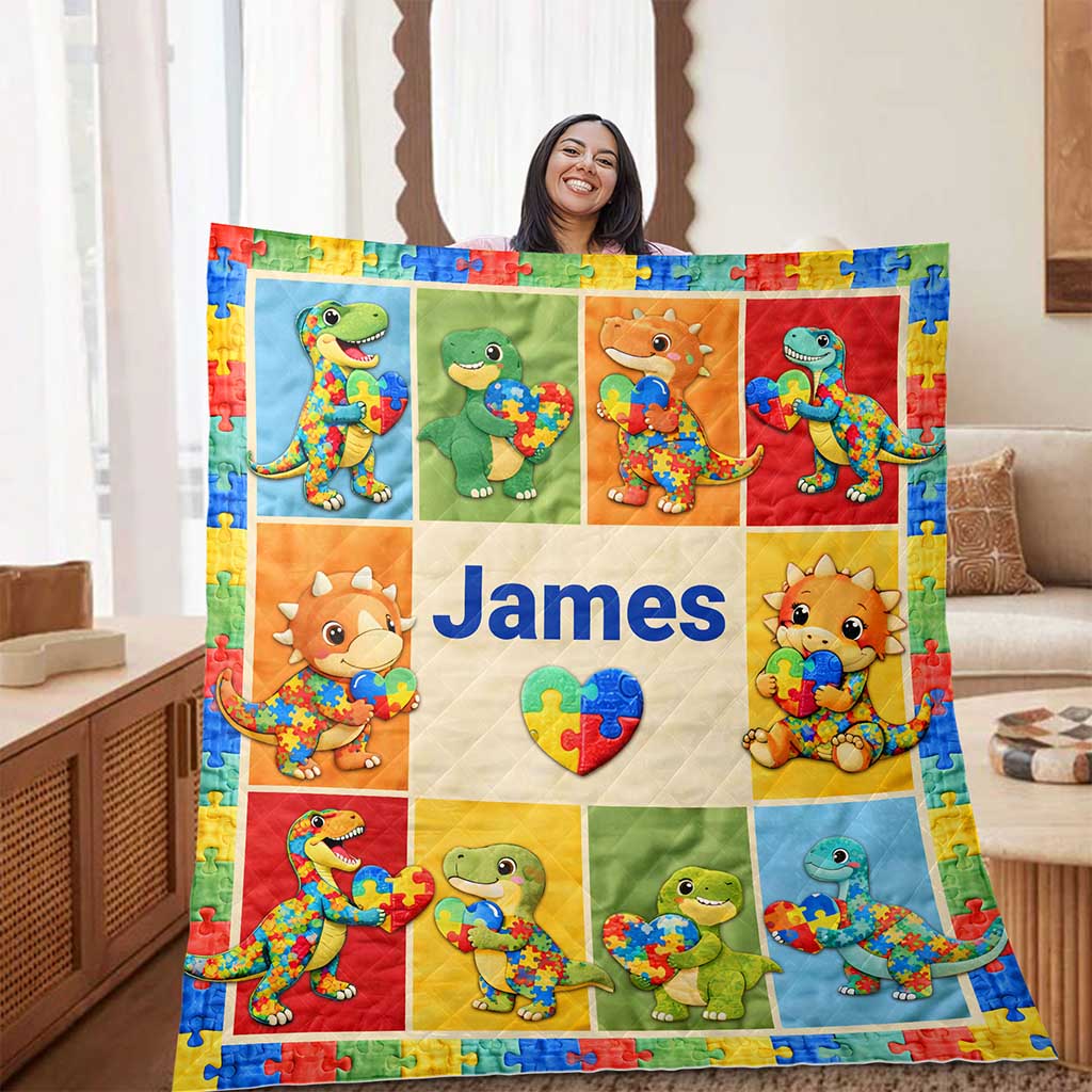 Personalized Autism Dinosaur Quilt Blanket QFND6060201