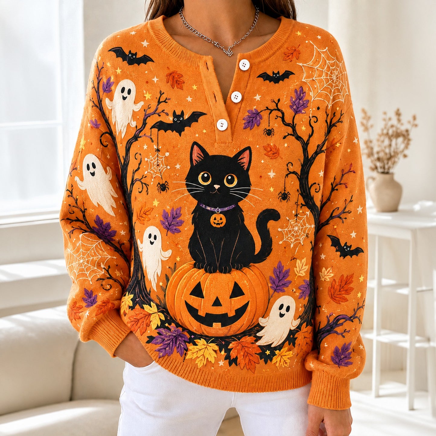 Halloween Buttoned Cardigan Sweater UKTD6130802