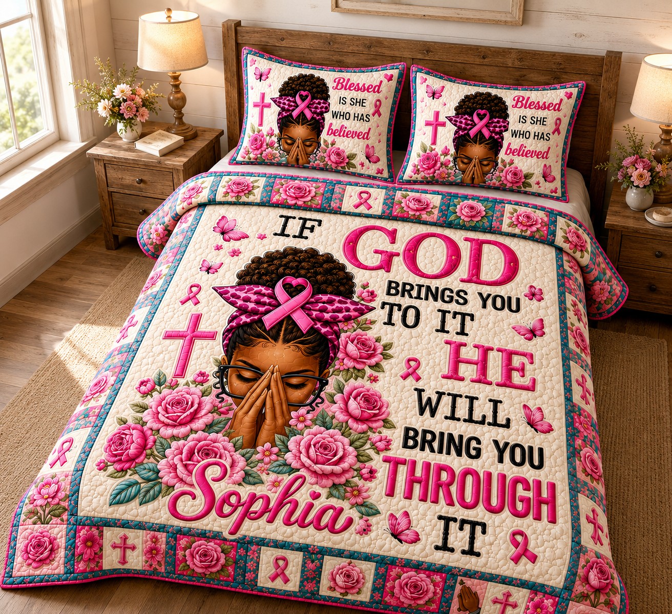 Personalized Breast Cancer Awareness Faith Quilt Bedding Set QFTD6050801