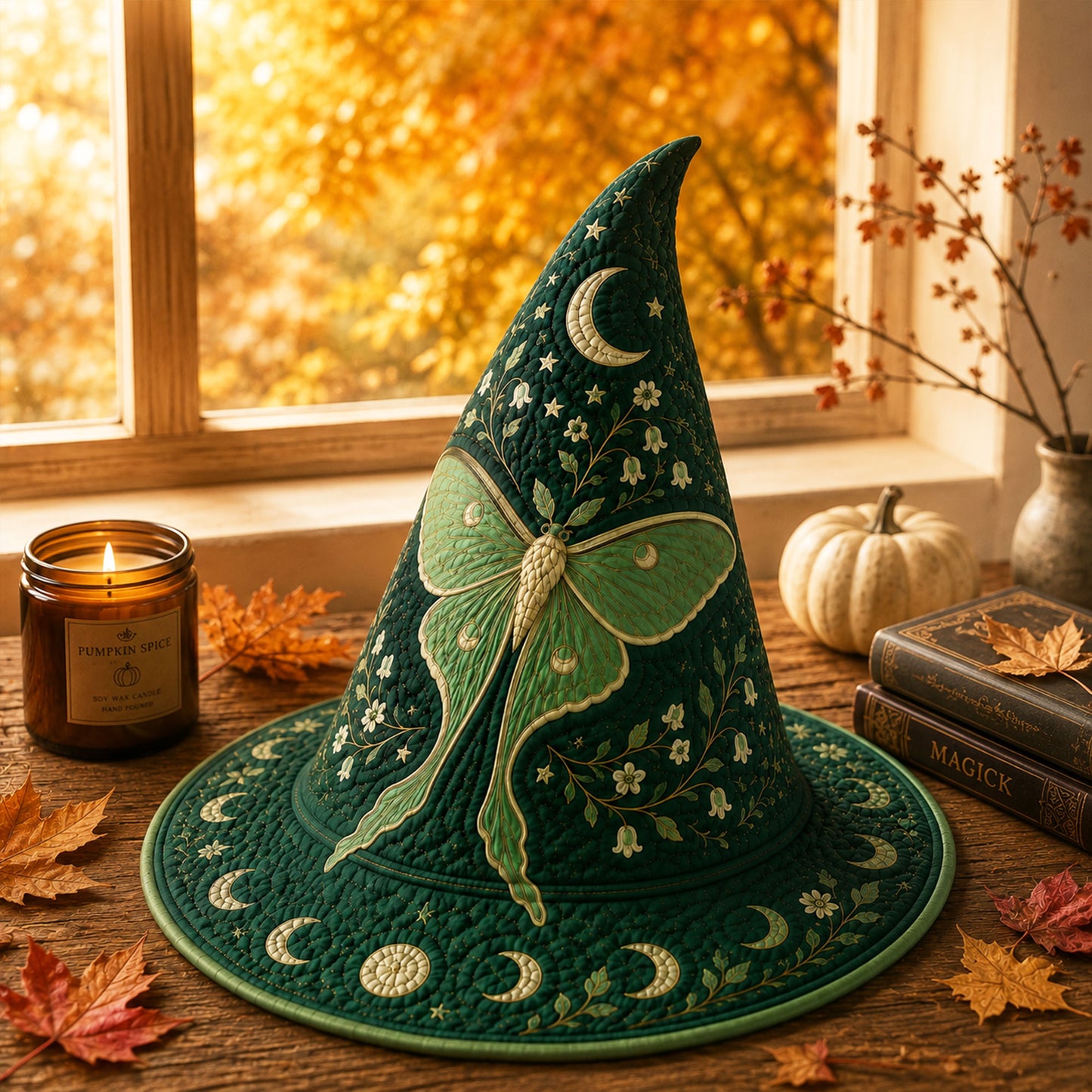 Personalized Luna Moth Quilted Witch Hat, Celestial Moon Phase Halloween Decor UKND6070811