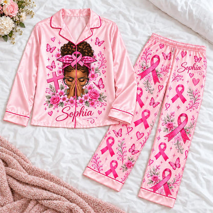 Personalized Breast Cancer Awareness Satin Pajama Set UKHA6061004