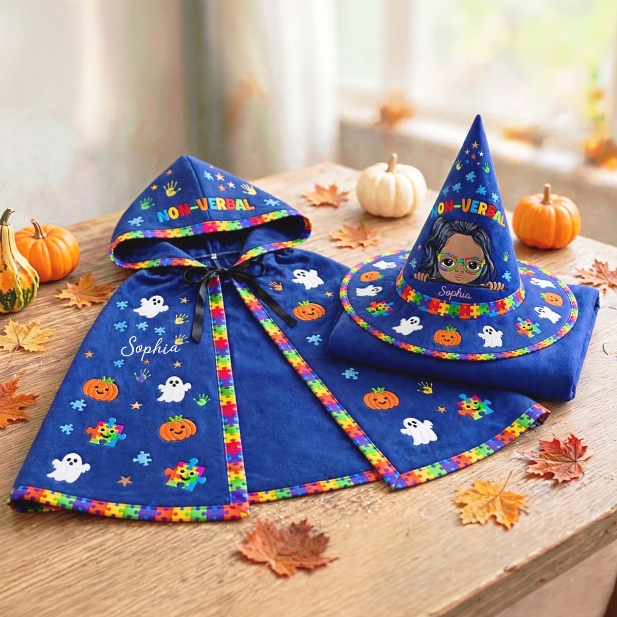 Personalized Autism Witch Quilted Witch Hat, Non Verbal Halloween Autism Witch Hat, Autism Kid Halloween Hooded Cloak, Autism Kids Witchy Collection NPND6030907