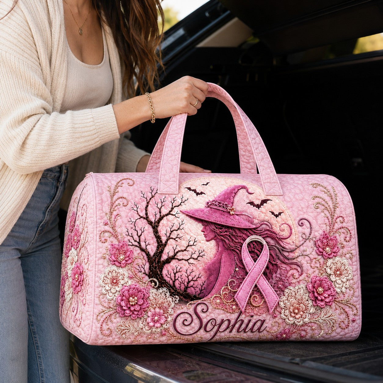 Personalized Pink Witch Quilted Duffle Bag, Custom Name Breast Cancer Awareness Travel Bag, Pink Ribbon Halloween Gift for Her QFTD6150804