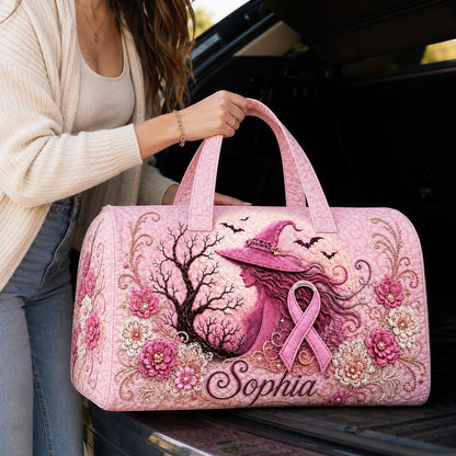 Personalized Pink Witch Quilted Duffle Bag, Custom Name Breast Cancer Awareness Travel Bag, Pink Ribbon Halloween Gift for Her QFTD6150804