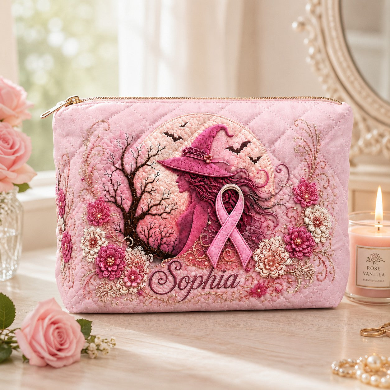 Personalized Pink Witch Breast Cancer Quilted Shoulder Tote Bag QFTD6150805