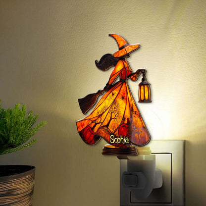 Personalized Gothic Witch Lamp, Witchy Custom Shape Plug-In Suncatcher Night Light, Stained Glass Night Light QFTD5280802
