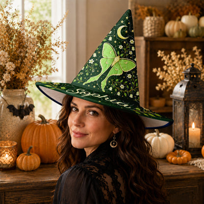 Personalized Luna Moth Quilted Witch Hat, Celestial Moon Phase Halloween Decor UKND6070811