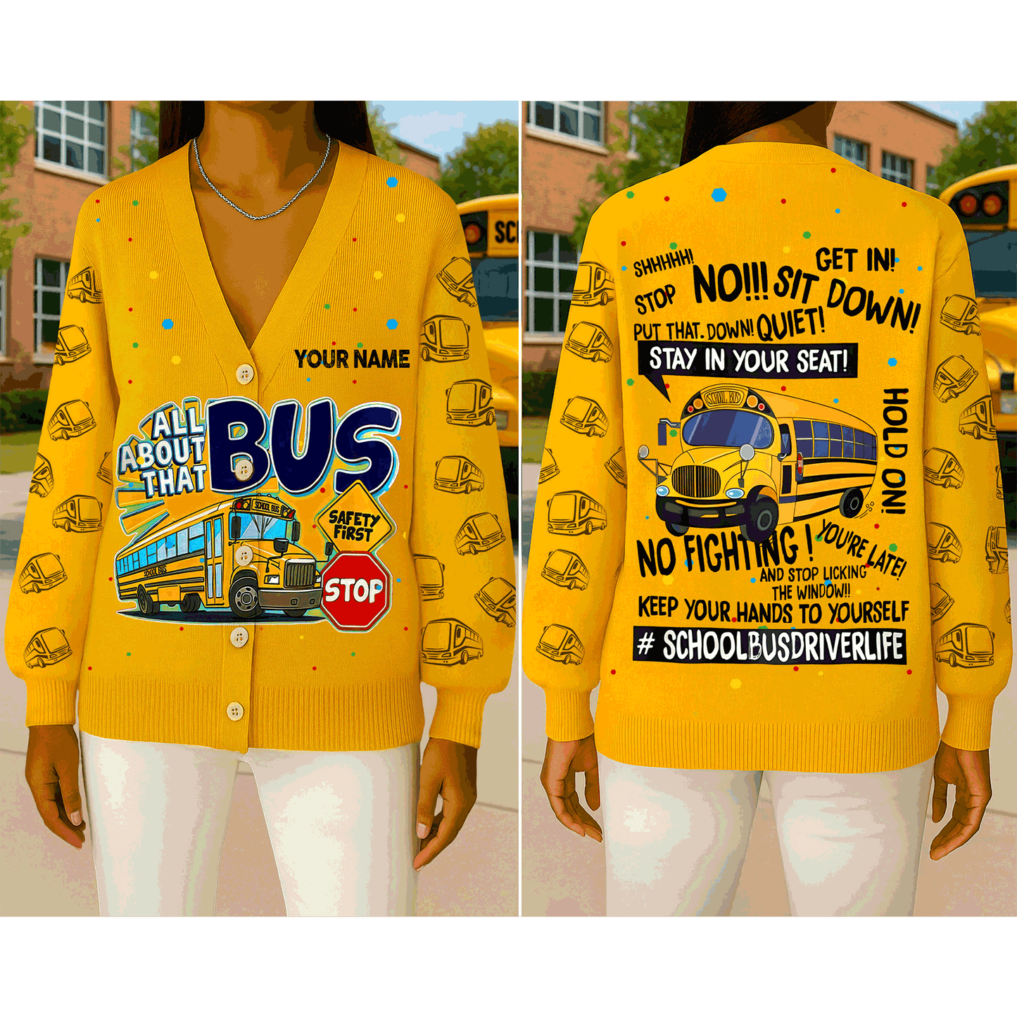 Personalized Name School Bus Driver Knitted Cardigan UKND5091001