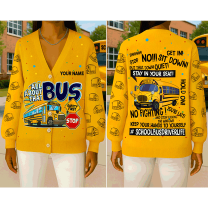 Personalized Name School Bus Driver Knitted Cardigan UKND5091001