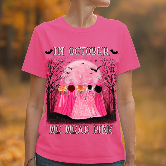 In October We Wear Pink Shirt, Breast Cancer Awareness Sweatshirt, Pink Halloween Witch QFHM5040901