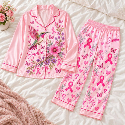 Personalized Breast Cancer Awareness Satin Pajama Set UKHA6061003