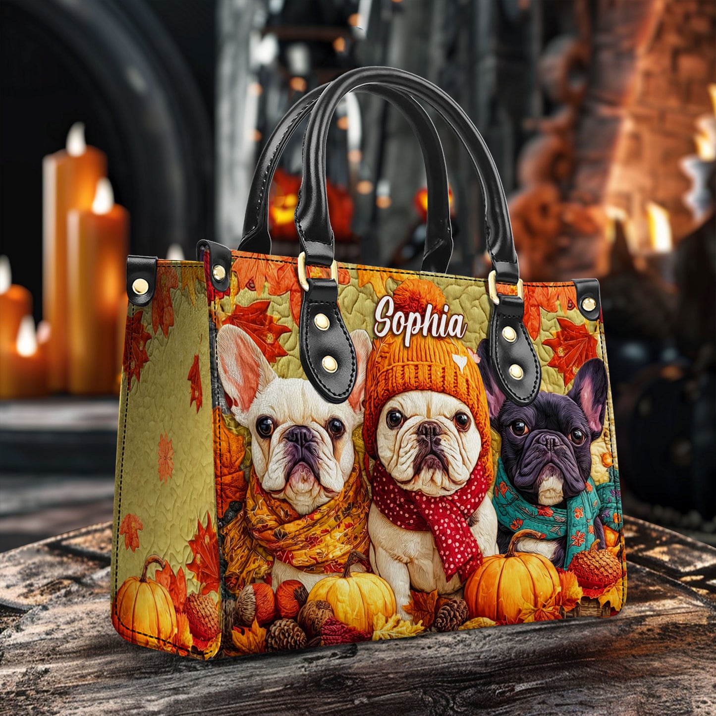 Custom Frenchie Halloween Leather Handbag UKTO5140802