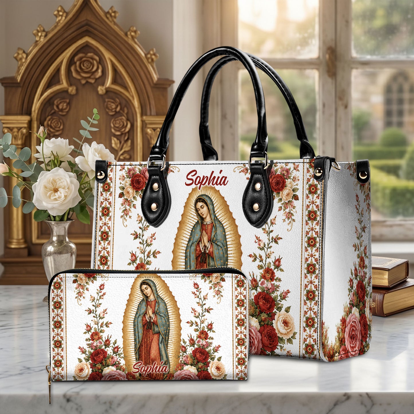 Custom Catholic Virgin Mary And Rose Handbag And Wallet, Our Lady of Guadalupe Gift PMTD6240604