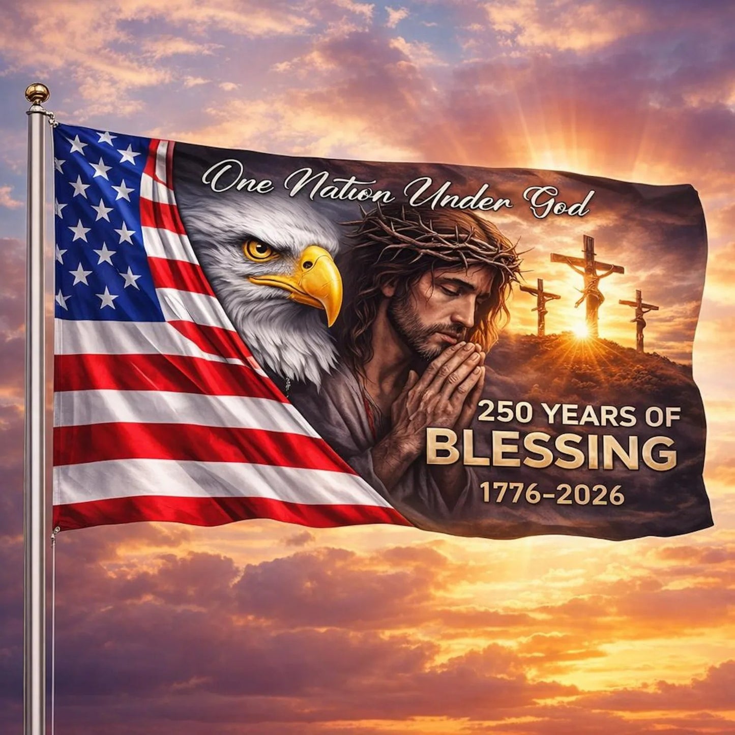 One Nation Under God United States of America 250 Years Flag, Christian Patriotic Eagle House Flag UKTD6160410