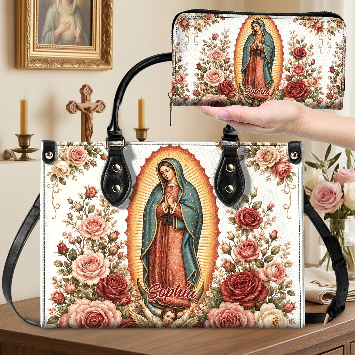 Custom Catholic Virgin Mary And Rose Handbag And Wallet, Our Lady of Guadalupe Gift PMTD6240605