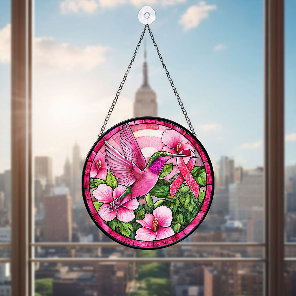 Hummingbird Ribbon Breast Cancer Awareness Faux Stained Glass Suncatcher QFPY4271205