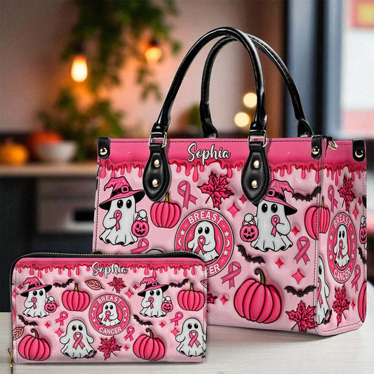 Personalized Spooky Vibe Breast Cancer Print 3D Inflated Leather PU Handbag, Halloween Gifts UKND5270802