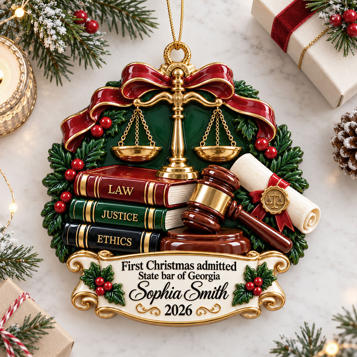 Personalized First Christmas as Lawyer 3D Relief Acrylic Ornament, Custom Name Bar Admission Gift, New Attorney Christmas Keepsake NPND6100853