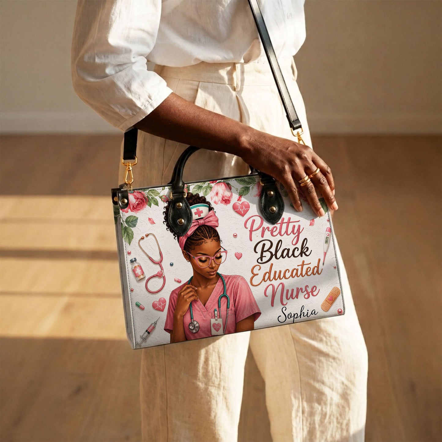 Personalized Black Nurse Woman Leather Handbag UKND6040605