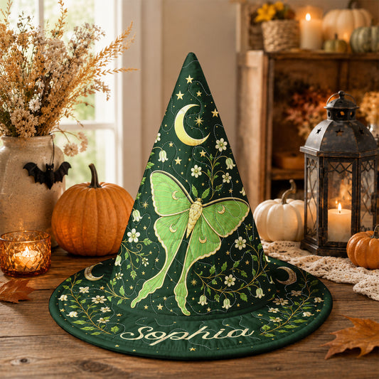 Personalized Luna Moth Quilted Witch Hat, Celestial Moon Phase Halloween Decor UKND6070811