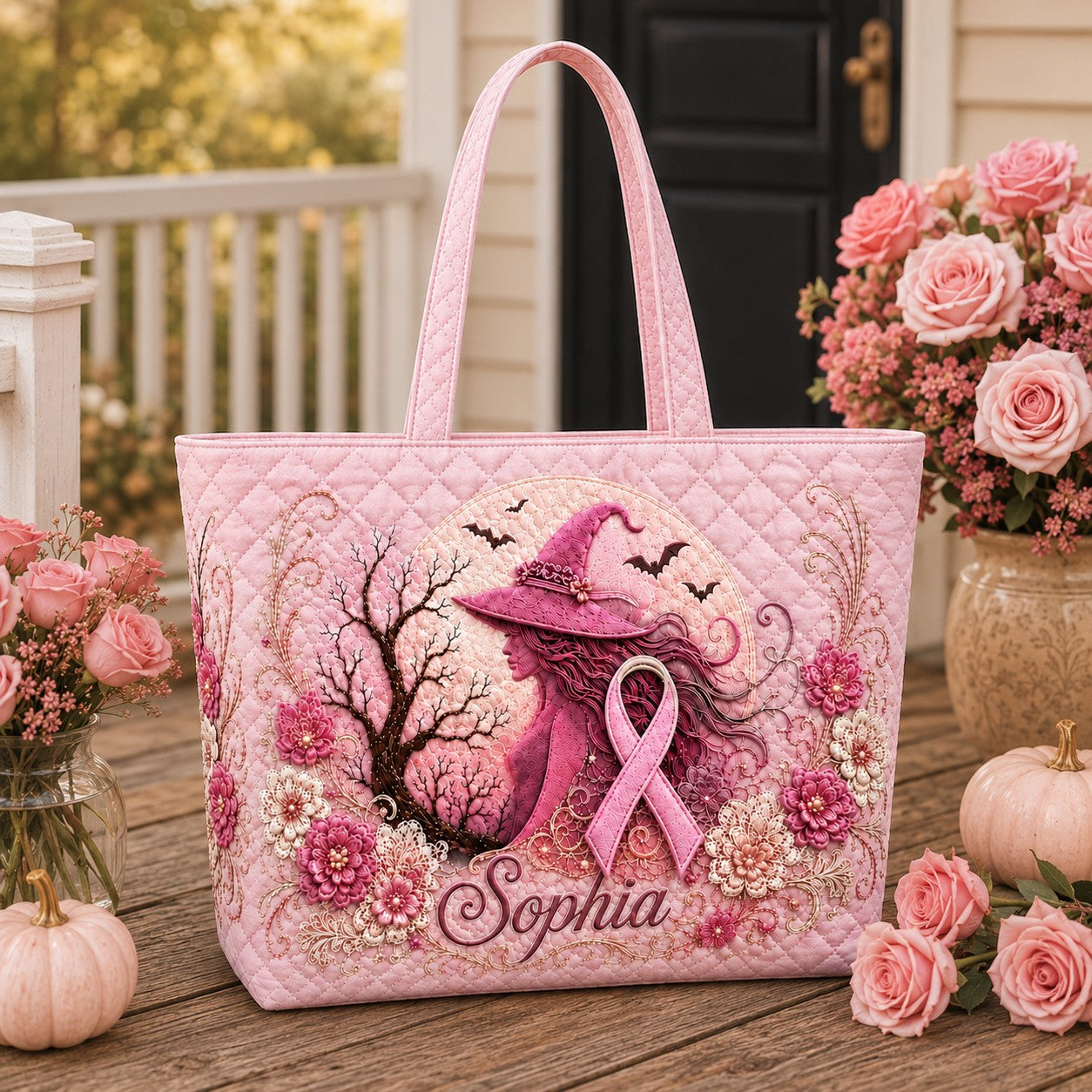 Personalized Pink Witch Breast Cancer Quilted Shoulder Tote Bag QFTD6150805