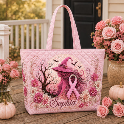 Personalized Pink Witch Breast Cancer Quilted Shoulder Tote Bag QFTD6150805