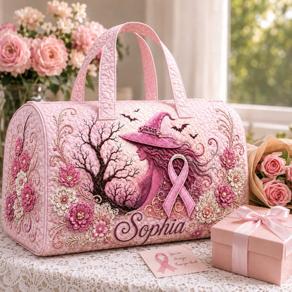Personalized Pink Witch Quilted Duffle Bag, Custom Name Breast Cancer Awareness Travel Bag, Pink Ribbon Halloween Gift for Her QFTD6150804