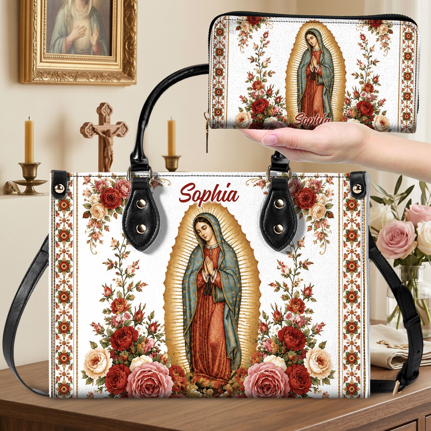 Custom Catholic Virgin Mary And Rose Handbag And Wallet, Our Lady of Guadalupe Gift PMTD6240604