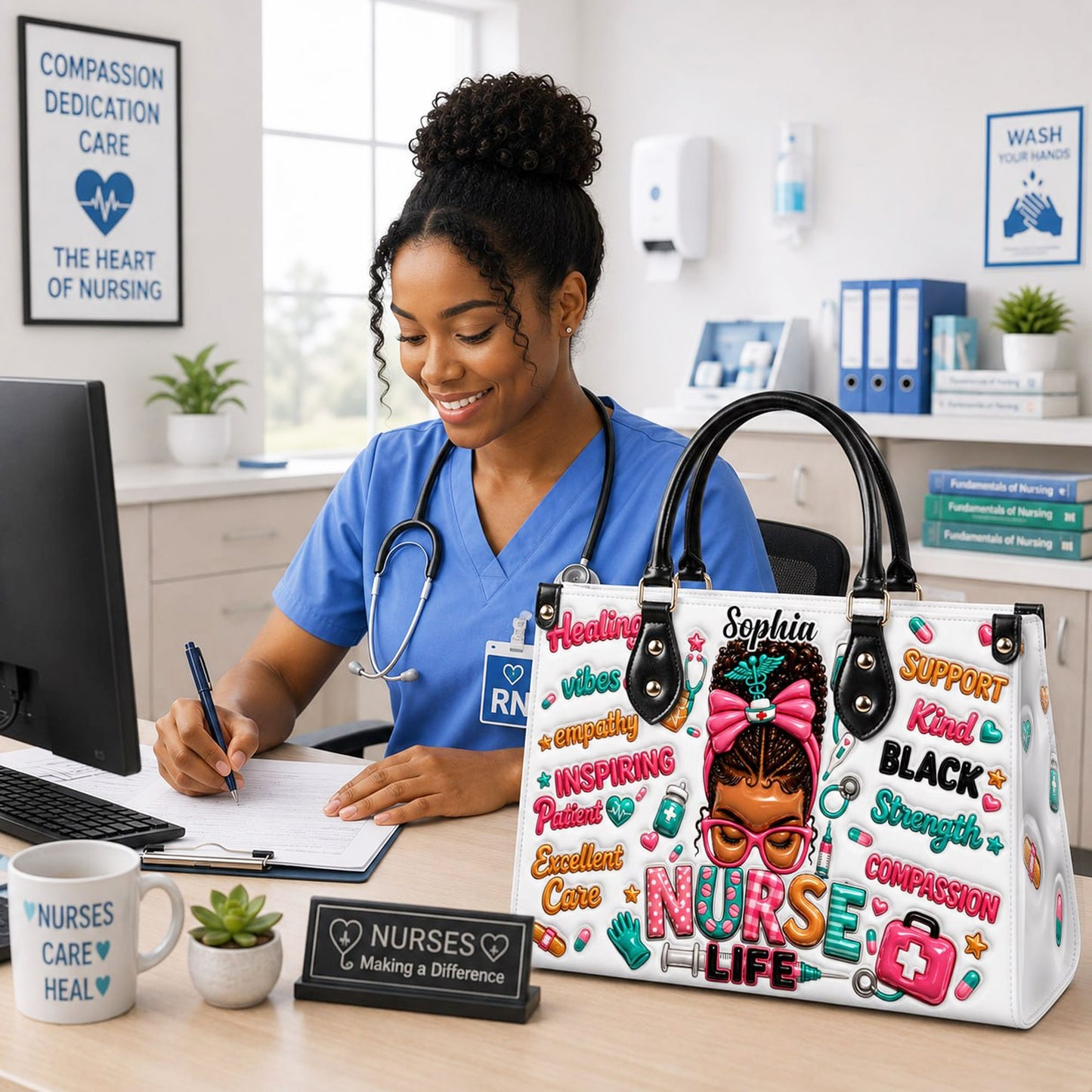 Personalized Black Nurse Woman Leather Handbag UKND6050603
