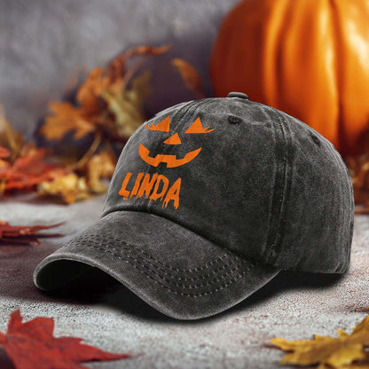 Personalized Jack O Lantern Pumpkin Halloween Distressed Washed Cotton Printed Hat QFTD5020702