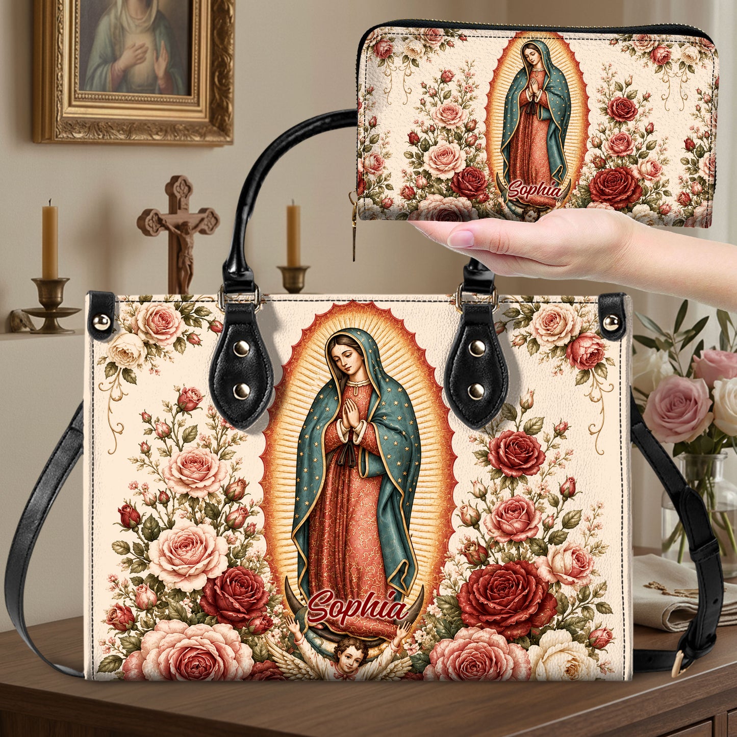 Custom Catholic Virgin Mary And Rose Handbag And Wallet, Our Lady of Guadalupe Gift PMTD6240605
