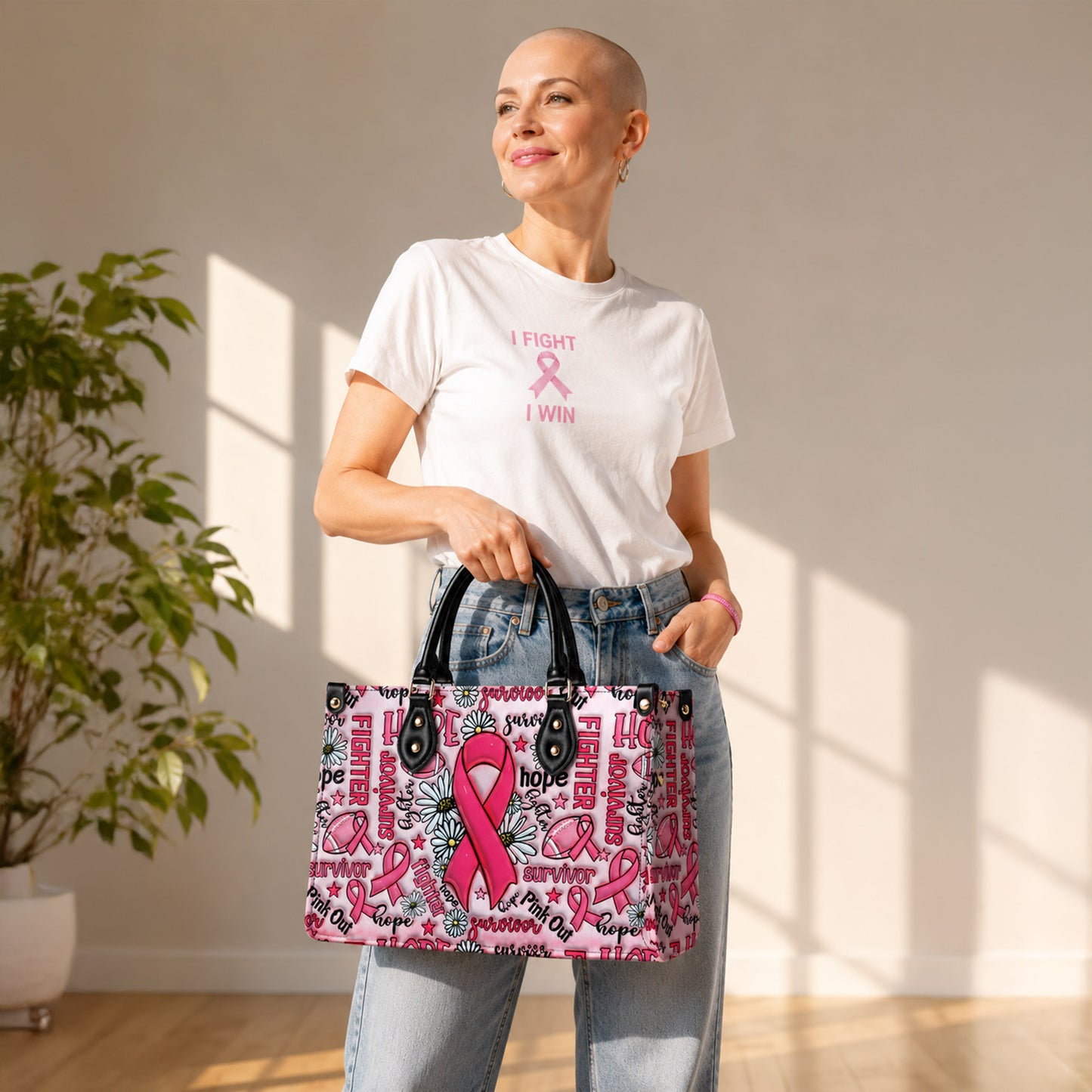 Breast Cancer Awareness Leather Handbag With Handle QFNT4200602
