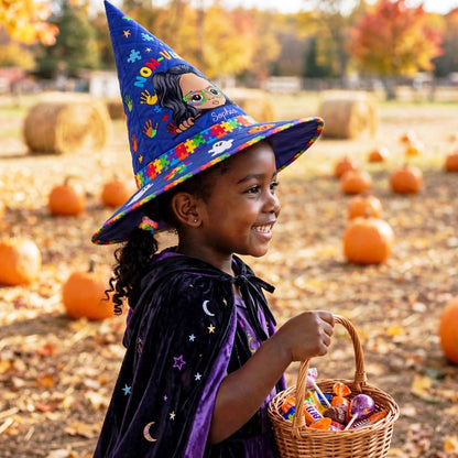Personalized Autism Witch Quilted Witch Hat, Non Verbal Halloween Autism Witch Hat, Autism Kid Halloween Hooded Cloak, Autism Kids Witchy Collection NPND6030907