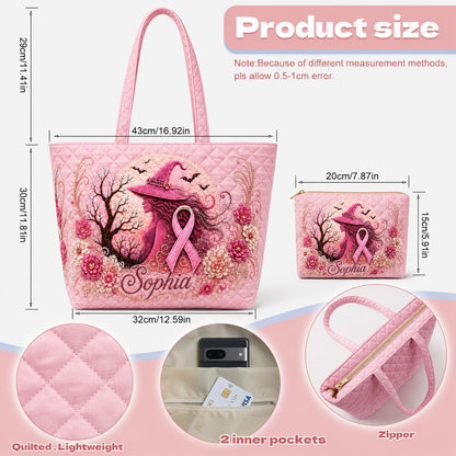 Personalized Pink Witch Breast Cancer Quilted Shoulder Tote Bag QFTD6150805