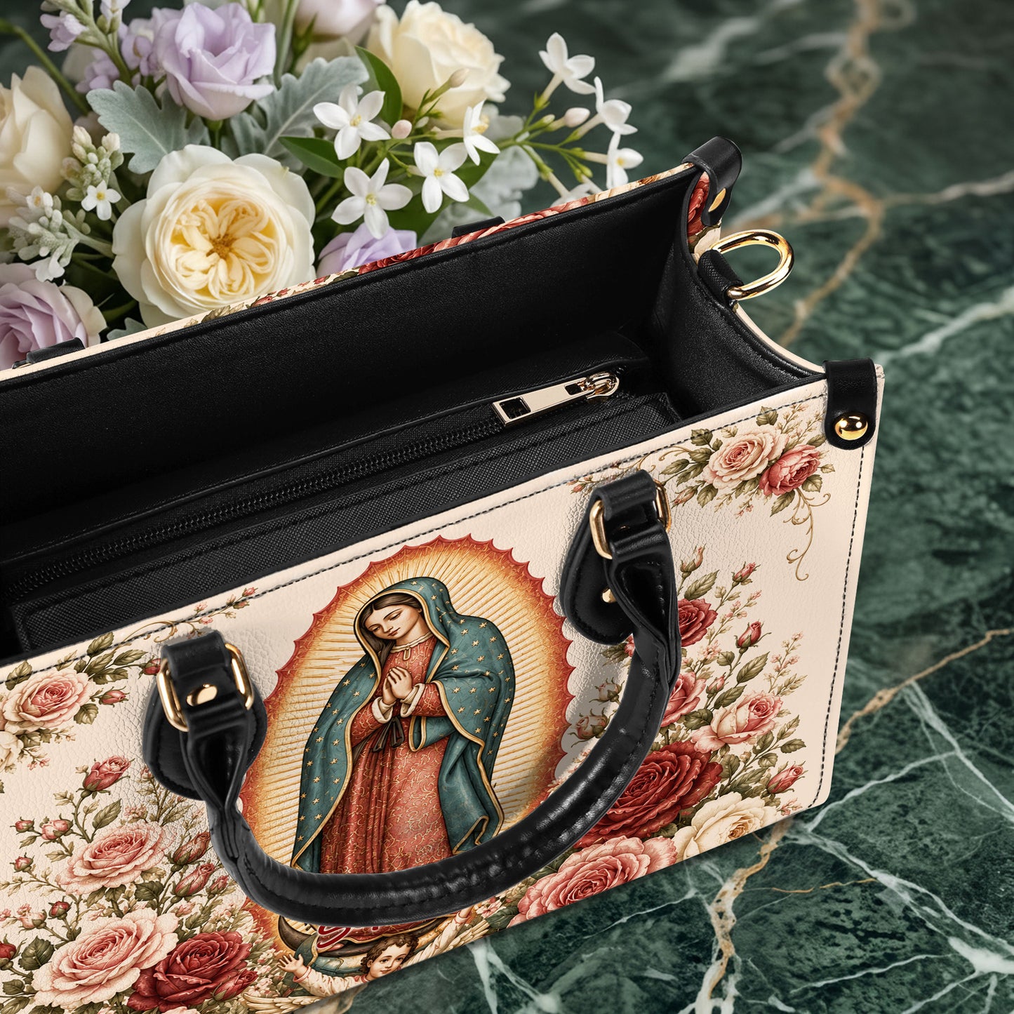 Custom Catholic Virgin Mary And Rose Handbag And Wallet, Our Lady of Guadalupe Gift PMTD6240605