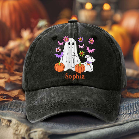 Personalized Ghost Walking Dog Distressed Washed Cotton Printed Hat QFTD5020703