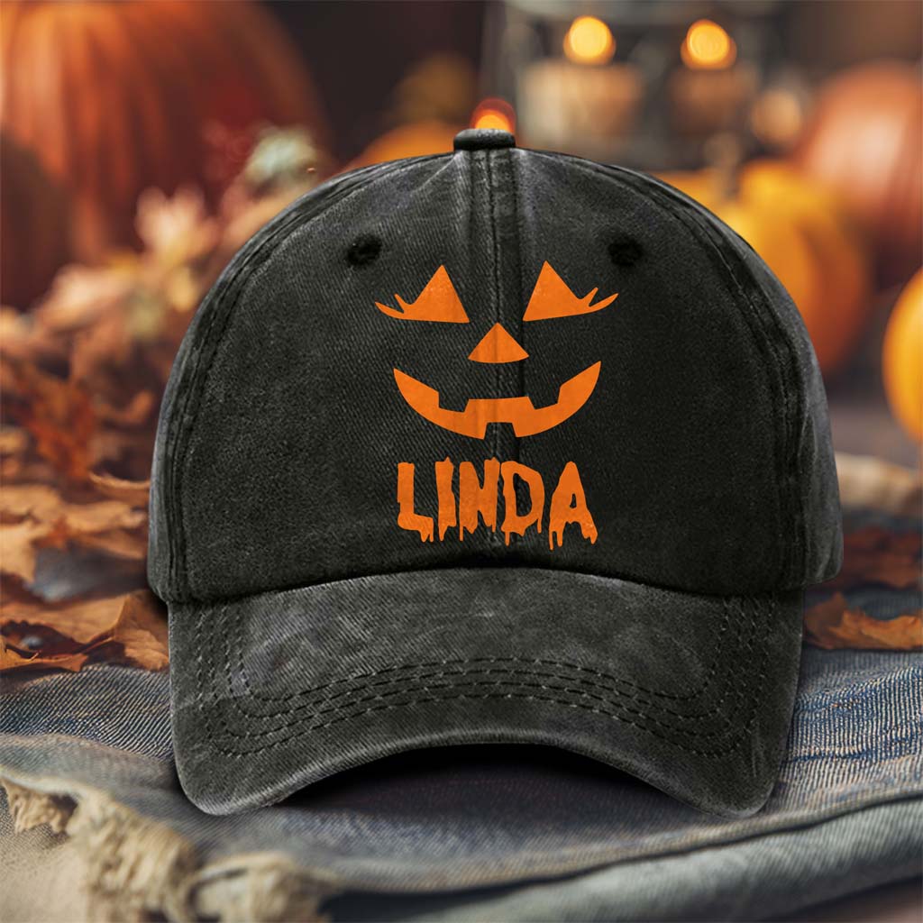 Personalized Jack O Lantern Pumpkin Halloween Distressed Washed Cotton Printed Hat QFTD5020702