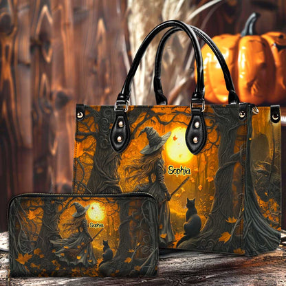 Personalized Witch And Black Cat Art Print Handbag With Handle, Witchy Halloween Bags QFTD5040704