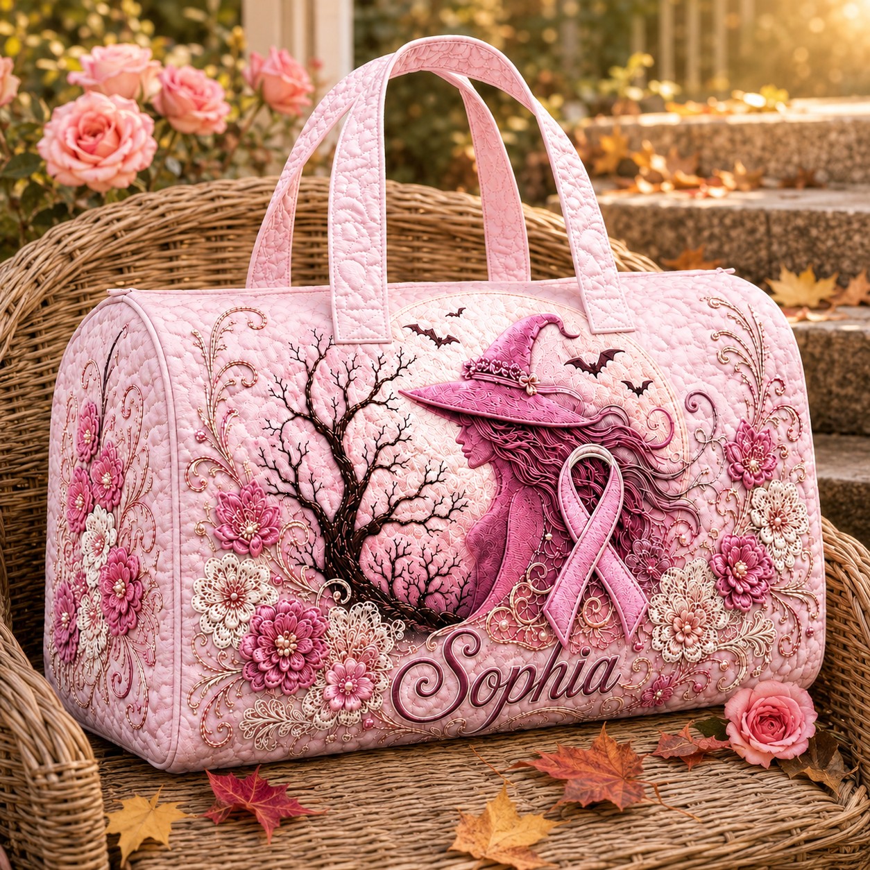 Personalized Pink Witch Quilted Duffle Bag, Custom Name Breast Cancer Awareness Travel Bag, Pink Ribbon Halloween Gift for Her QFTD6150804