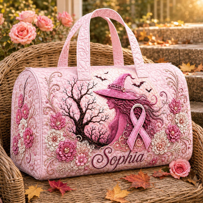 Personalized Pink Witch Quilted Duffle Bag, Custom Name Breast Cancer Awareness Travel Bag, Pink Ribbon Halloween Gift for Her QFTD6150804