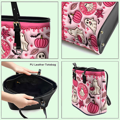 Spooky Vibe Print 3D Inflated Leather Tote Bag, Halloween Gift QFTO4310704