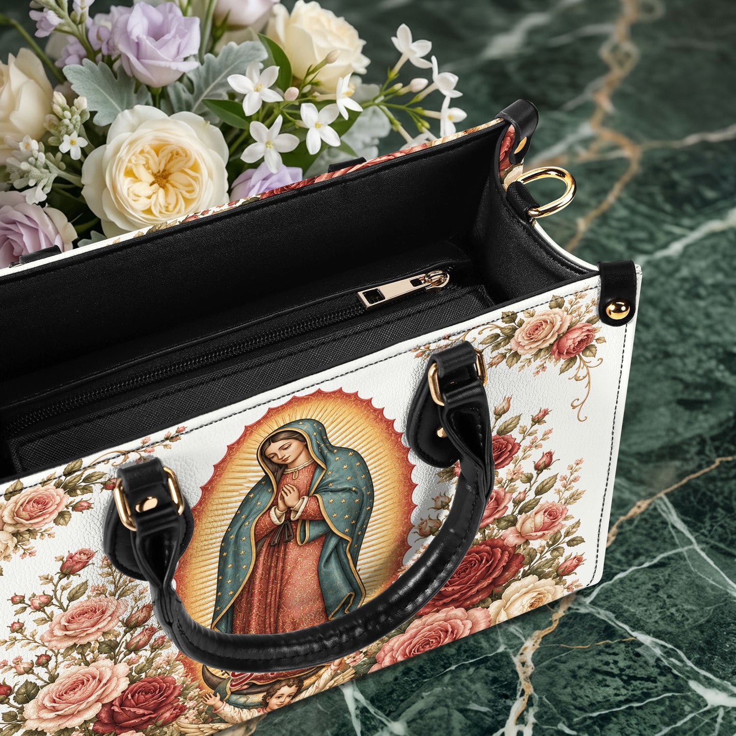 Custom Catholic Virgin Mary And Rose Handbag And Wallet, Our Lady of Guadalupe Gift PMTD6240605