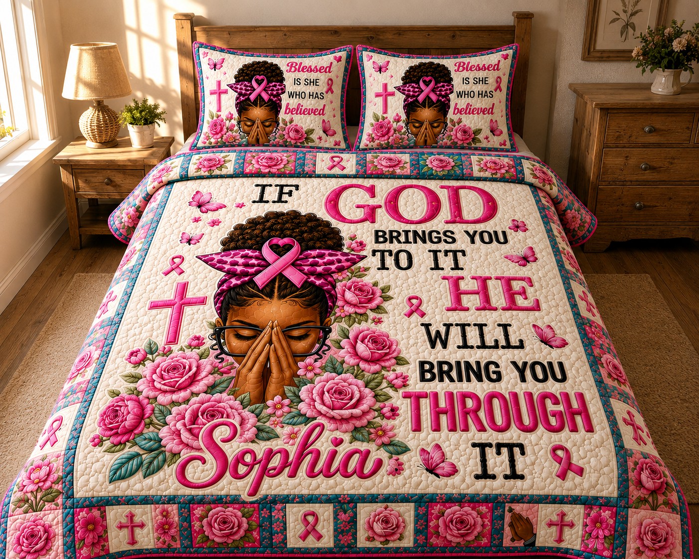 Personalized Breast Cancer Awareness Faith Quilt Bedding Set QFTD6050801
