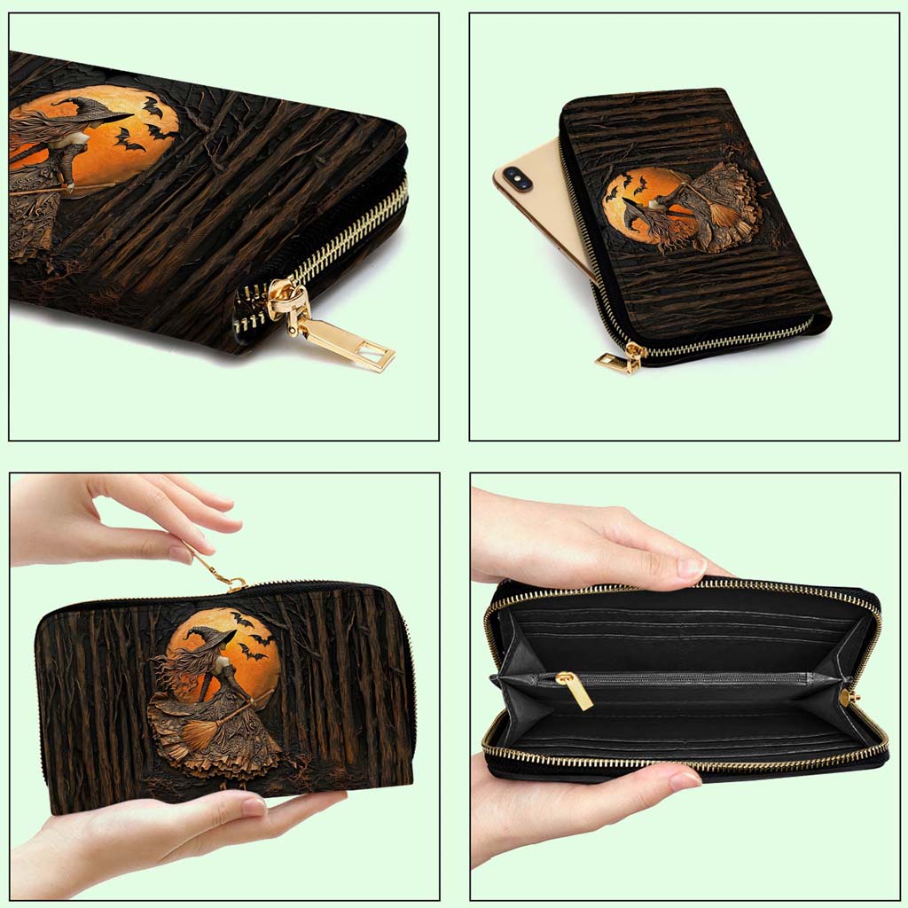 Halloween Witch Print 3D Leather Handbag, Fall Leather Handbag & Wallet QFTD4050901