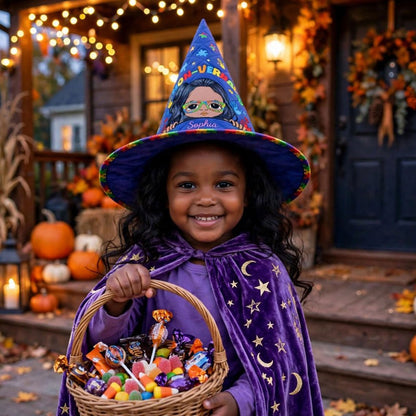 Personalized Autism Witch Quilted Witch Hat, Non Verbal Halloween Autism Witch Hat, Autism Kid Halloween Hooded Cloak, Autism Kids Witchy Collection NPND6030907