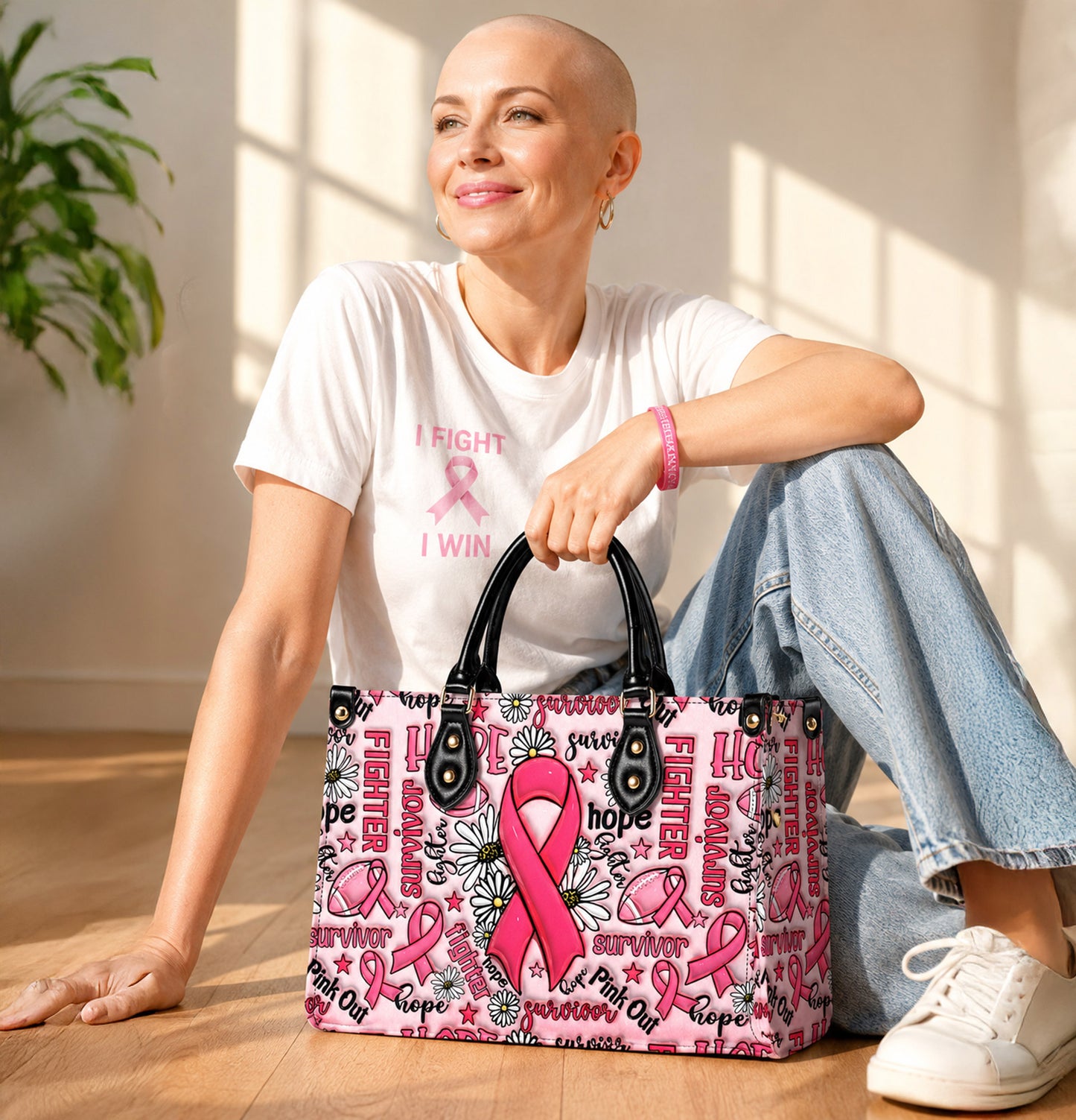 Breast Cancer Awareness Leather Handbag With Handle QFNT4200602